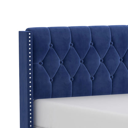 Gunner Blue Velvet King Bed with Tufted Headboard & Nailheads