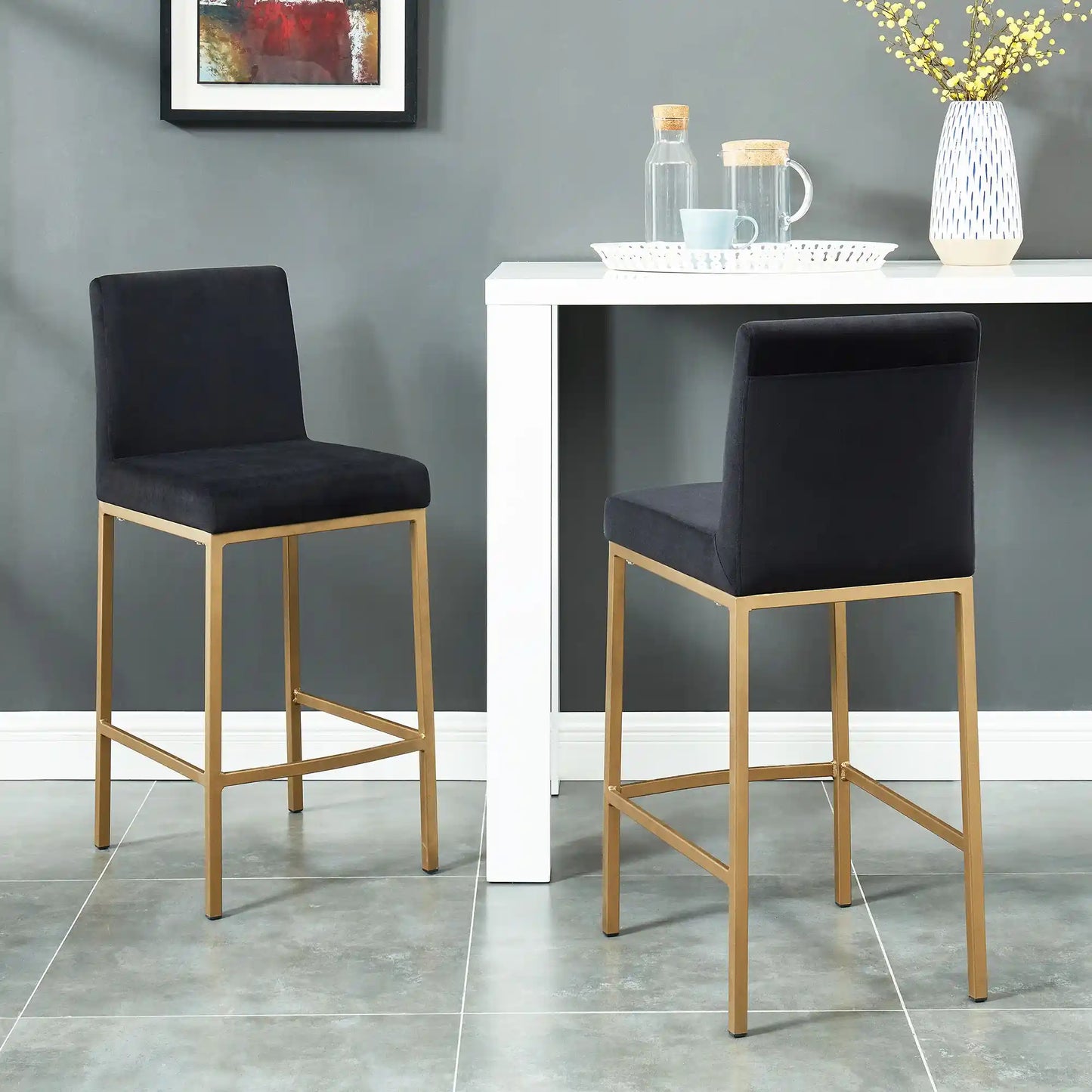 Diego 26" Velvet Counter Stools with Aged Gold Metal Frame - Set of 2