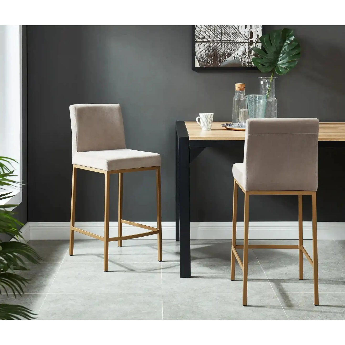 Diego 26" Velvet Counter Stools with Aged Gold Metal Frame - Set of 2