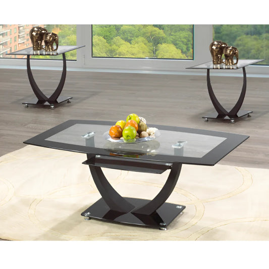 Modern glass coffee table with black base for living room setting