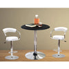 Black round bar table with chrome base and two white adjustable  bar stools