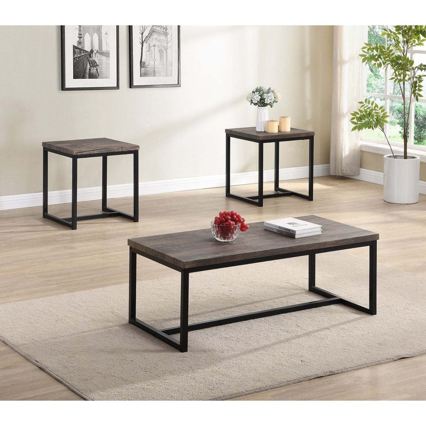 Set of three wooden tables with metal legs 
