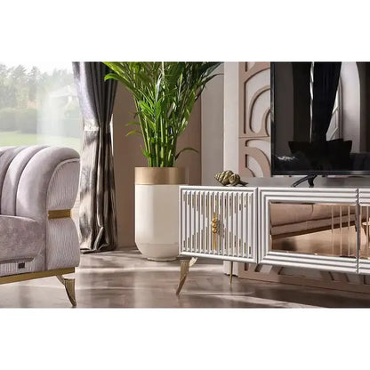 NEHIR Beige & Gold Sofa Set (3+2+1) – textured fabric sofa