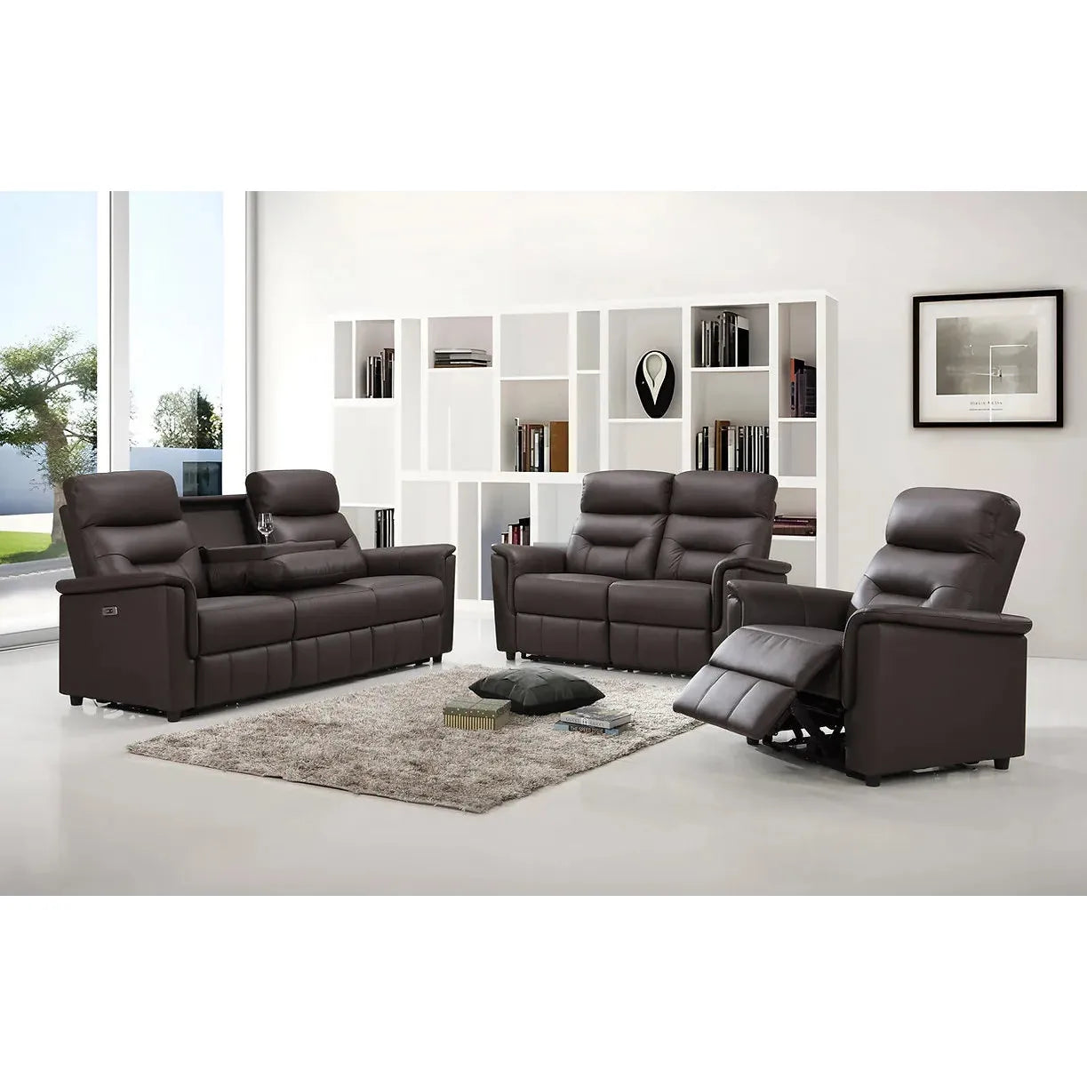 Brown leather reclining sofa set for  modern living room 