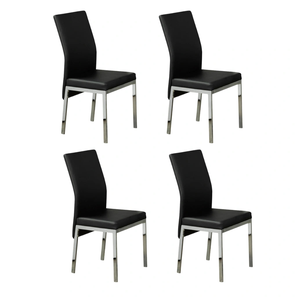 Four black chairs with chrome legs