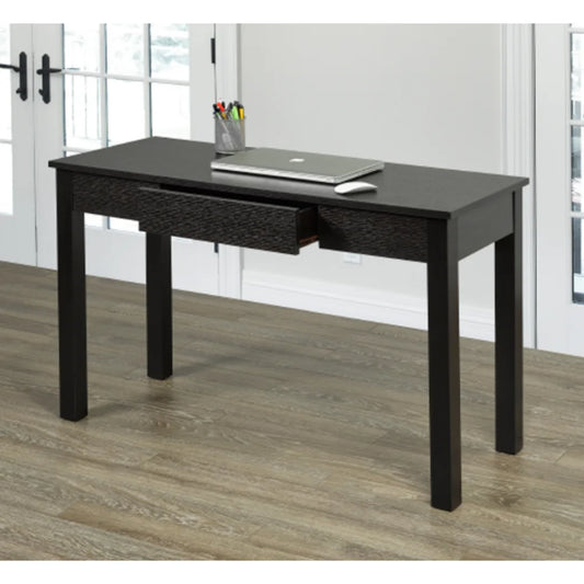 Black desk with a laptop, mouse, and stationery on a wooden floor.