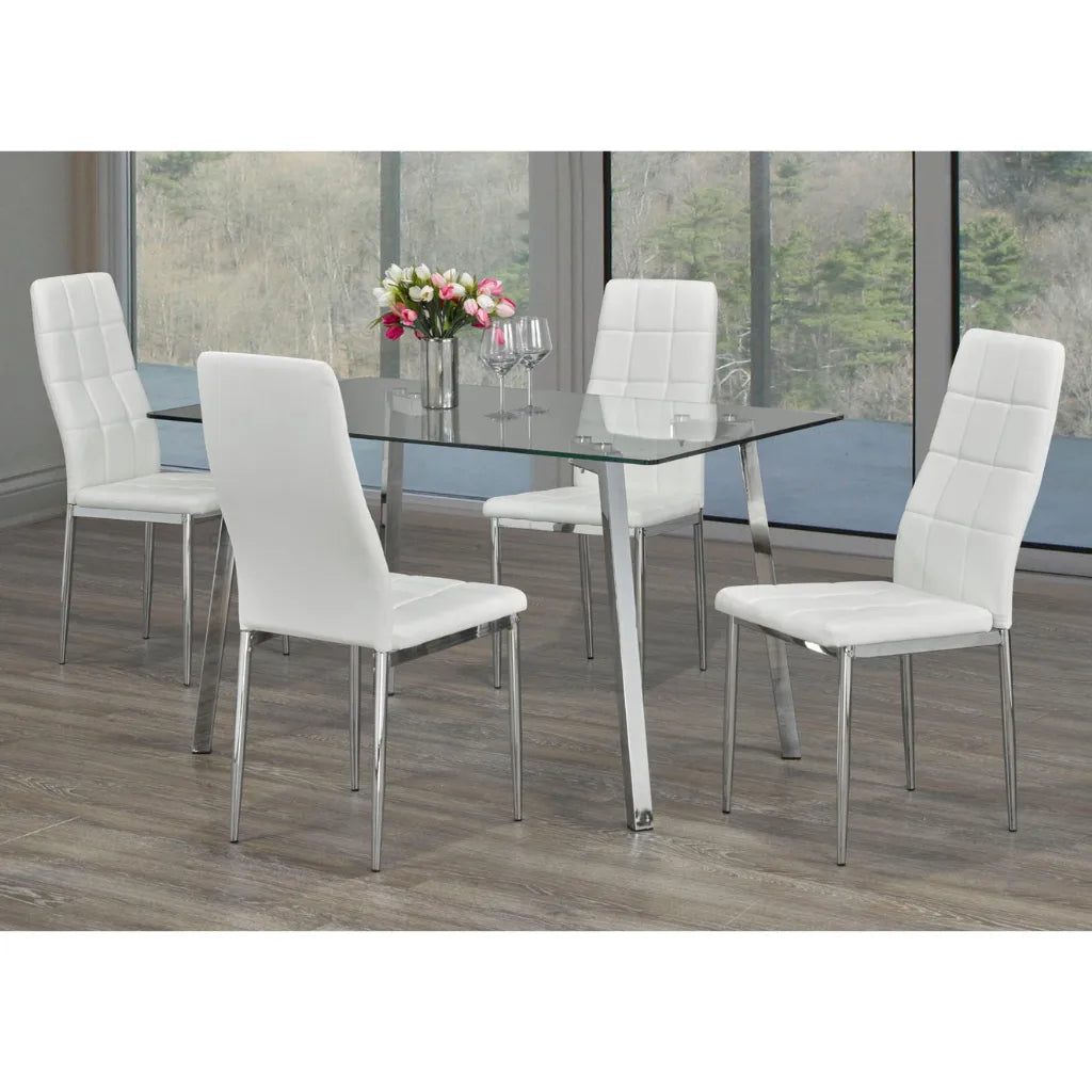 Glass top dining table set with four white chairs 