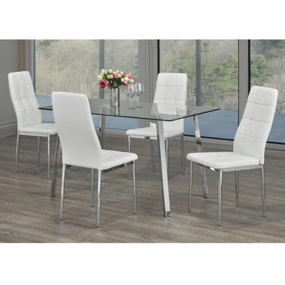 Glass top dining table set with four white chairs 