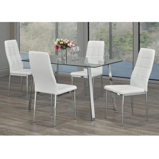 Glass top dining table set with four white chairs 
