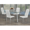 Glass top dining table set with four white chairs 