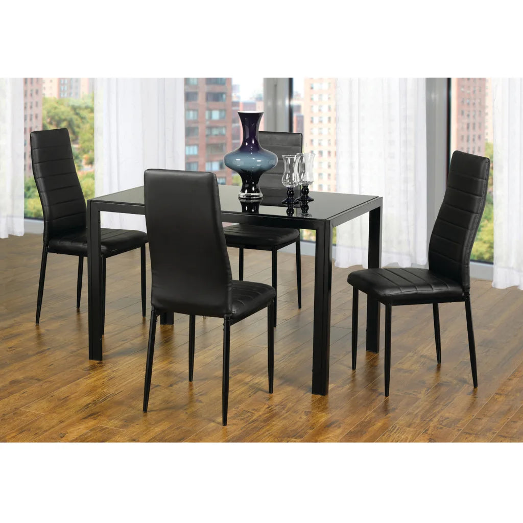 Black glass dining table with four matching chairs