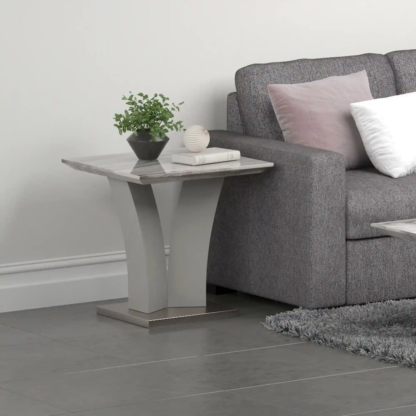 Napoli Faux Marble Side Table in Light Grey with Geometric Design