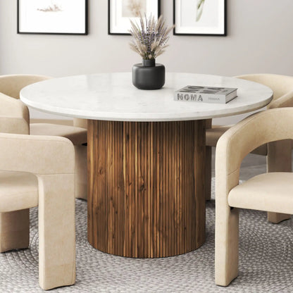 51” Jilsa Round Marble Dining Table With  Wood Base