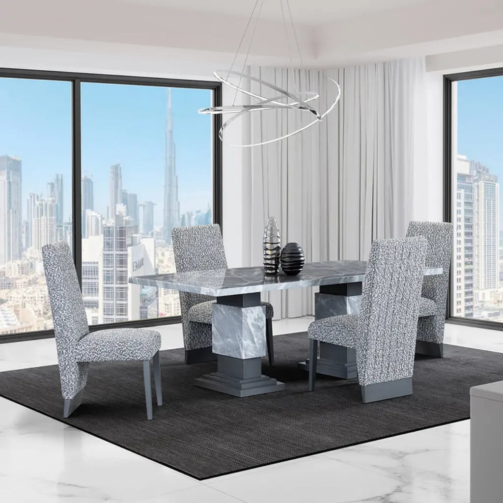 5-Piece Modern dining set with marble table and grey chairs 