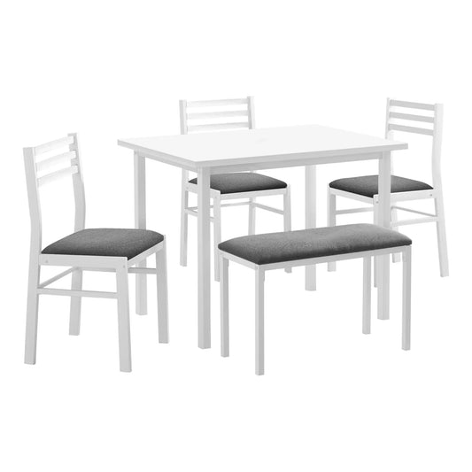 5 piece dining room set, White Laminate Table, 3 Chairs & Bench