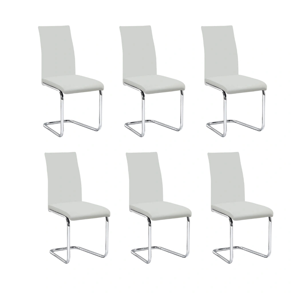 Set of six white dining chairs with chrome legs 
