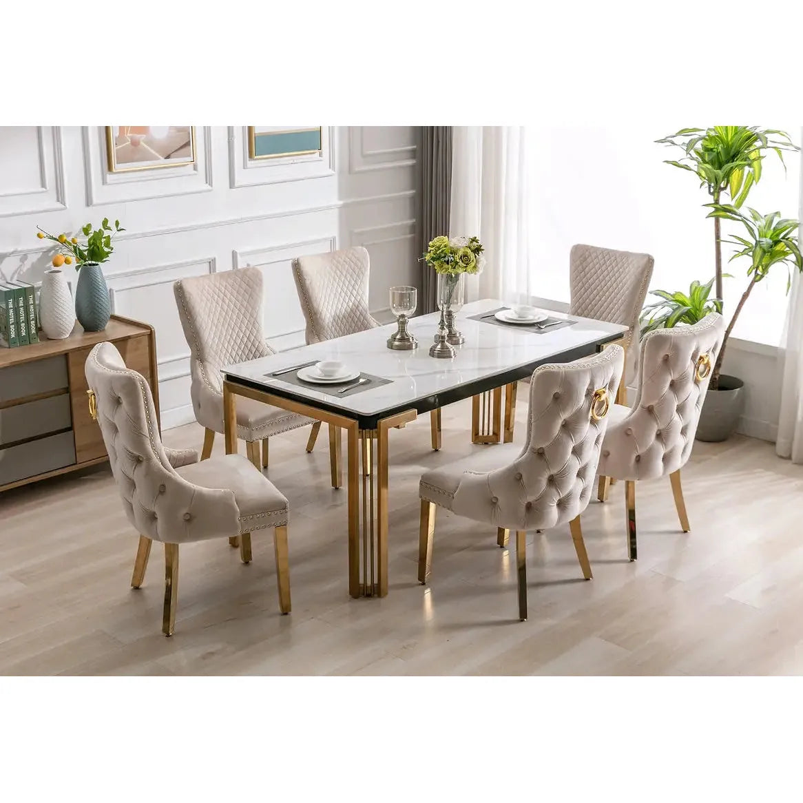 Dining room set with a marble table and upholstered chairs 