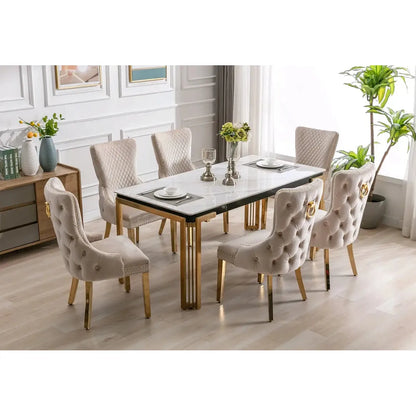 Dining room set with a marble table and upholstered chairs 