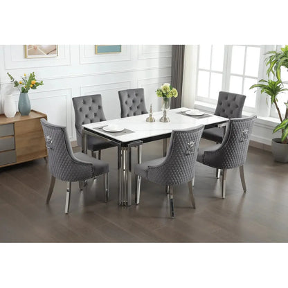 Dining room set with a white marble  table and grey chairs