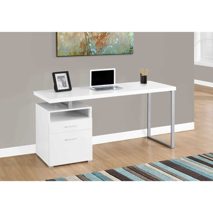 White Reversible Computer Desk with Silver Metal Frame & Storage Drawers