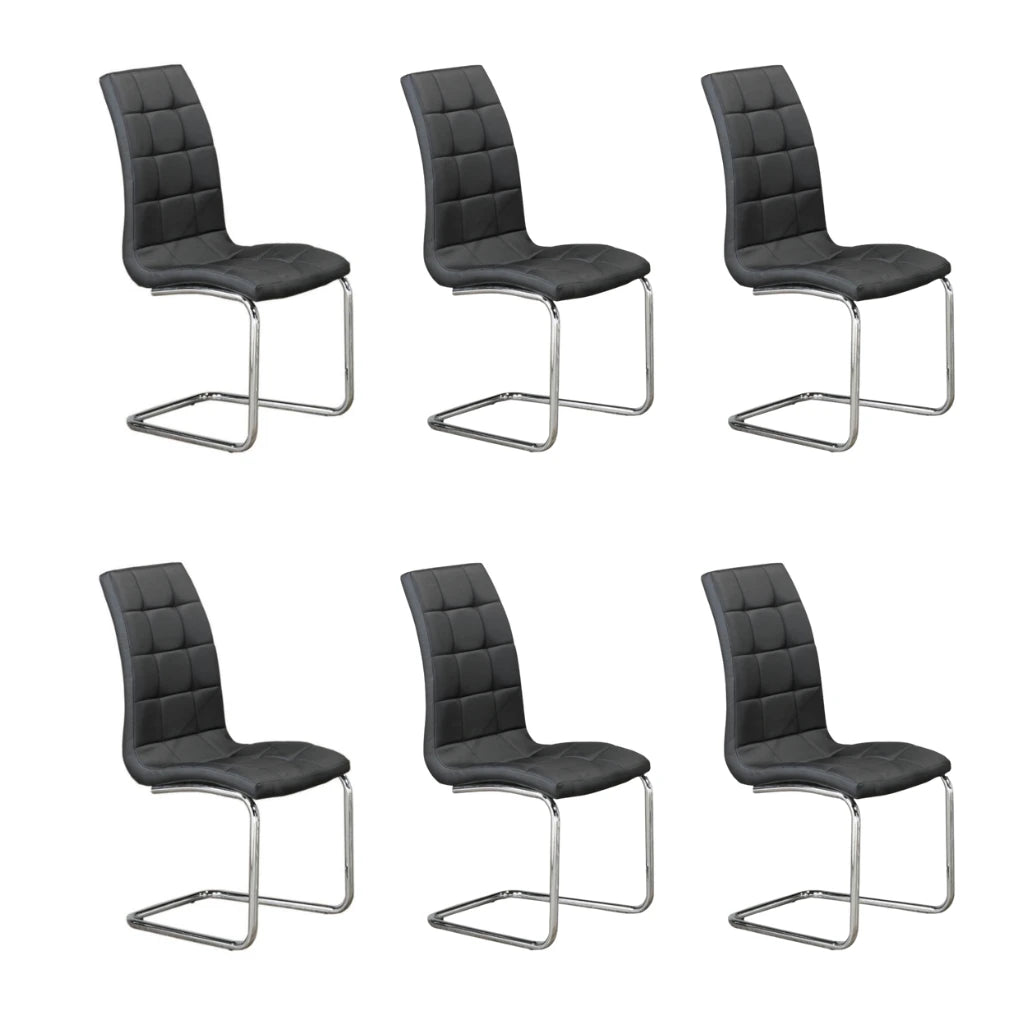 Set of six black upholstered dining chairs with chrome frames