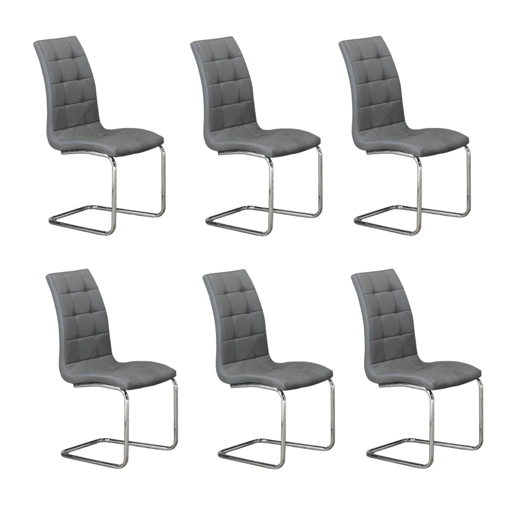 Six gray upholstered dining chairs with chrome frames 