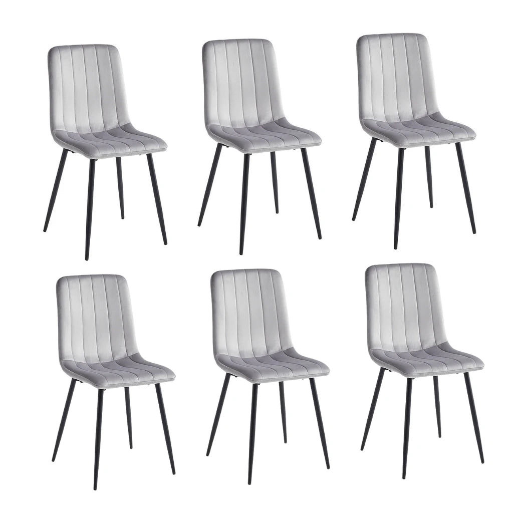 Set of six gray striped dining chairs with black legs 