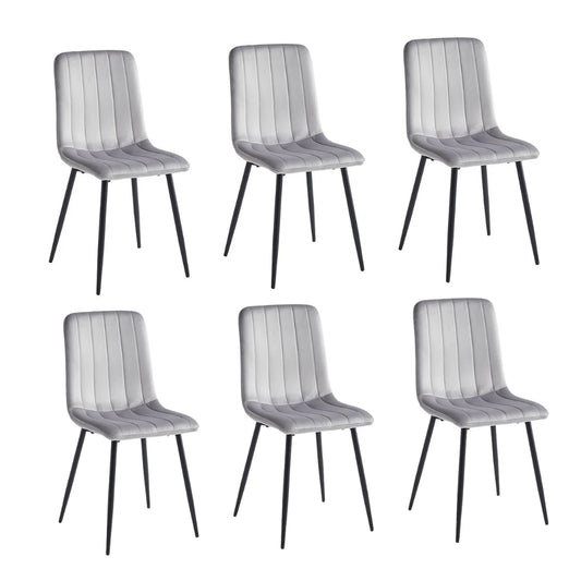Set of six gray striped dining chairs with black legs 