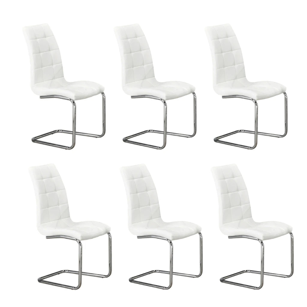 Set of six white dining chairs with chrome frames