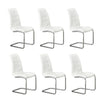 Set of six white dining chairs with chrome frames