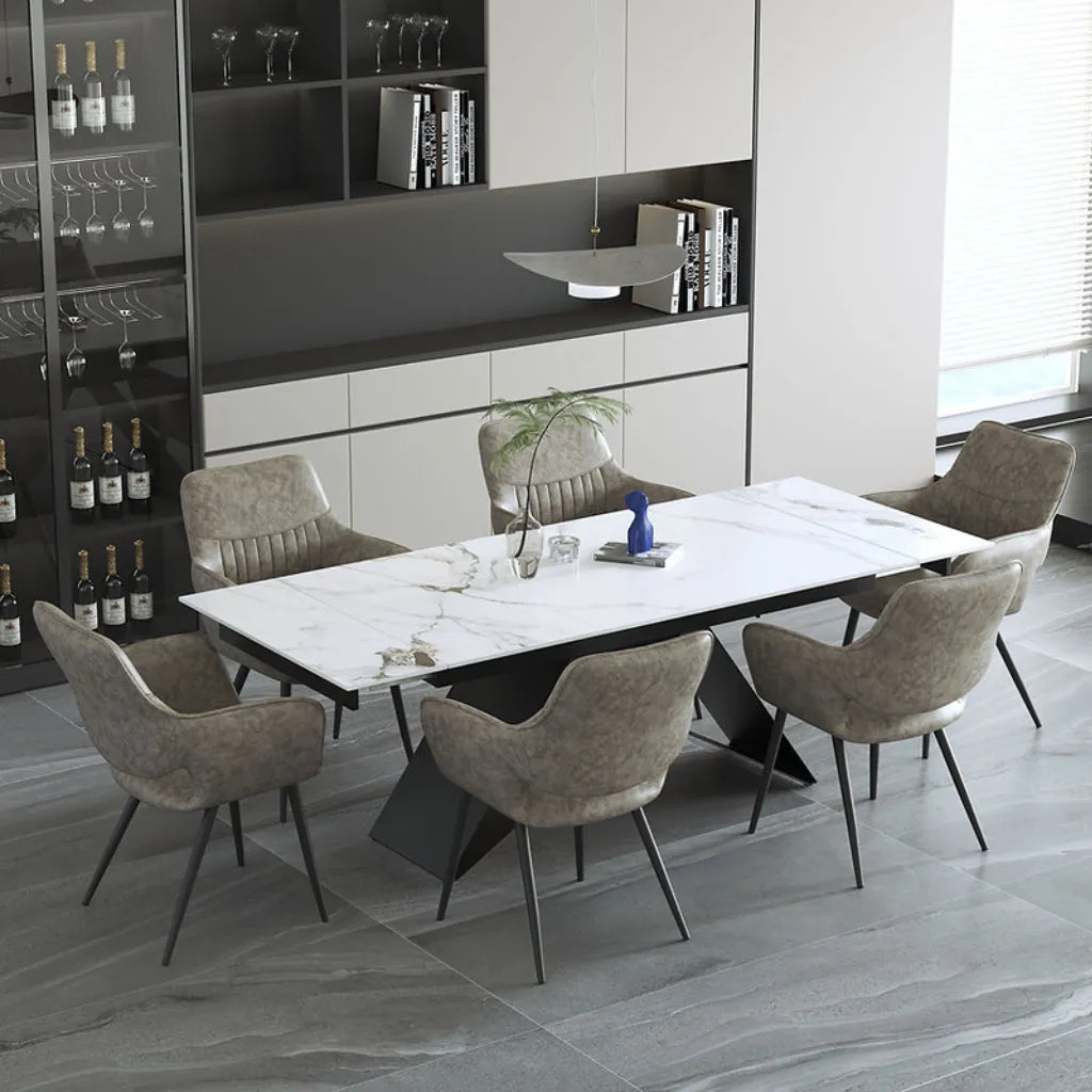 Modern dining room set with a marble table and chairs