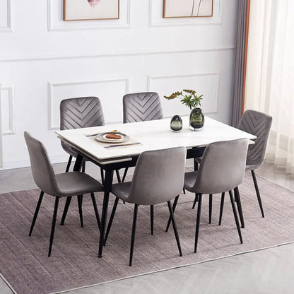 Dining room set with a white extendable  dining table and gray chairs