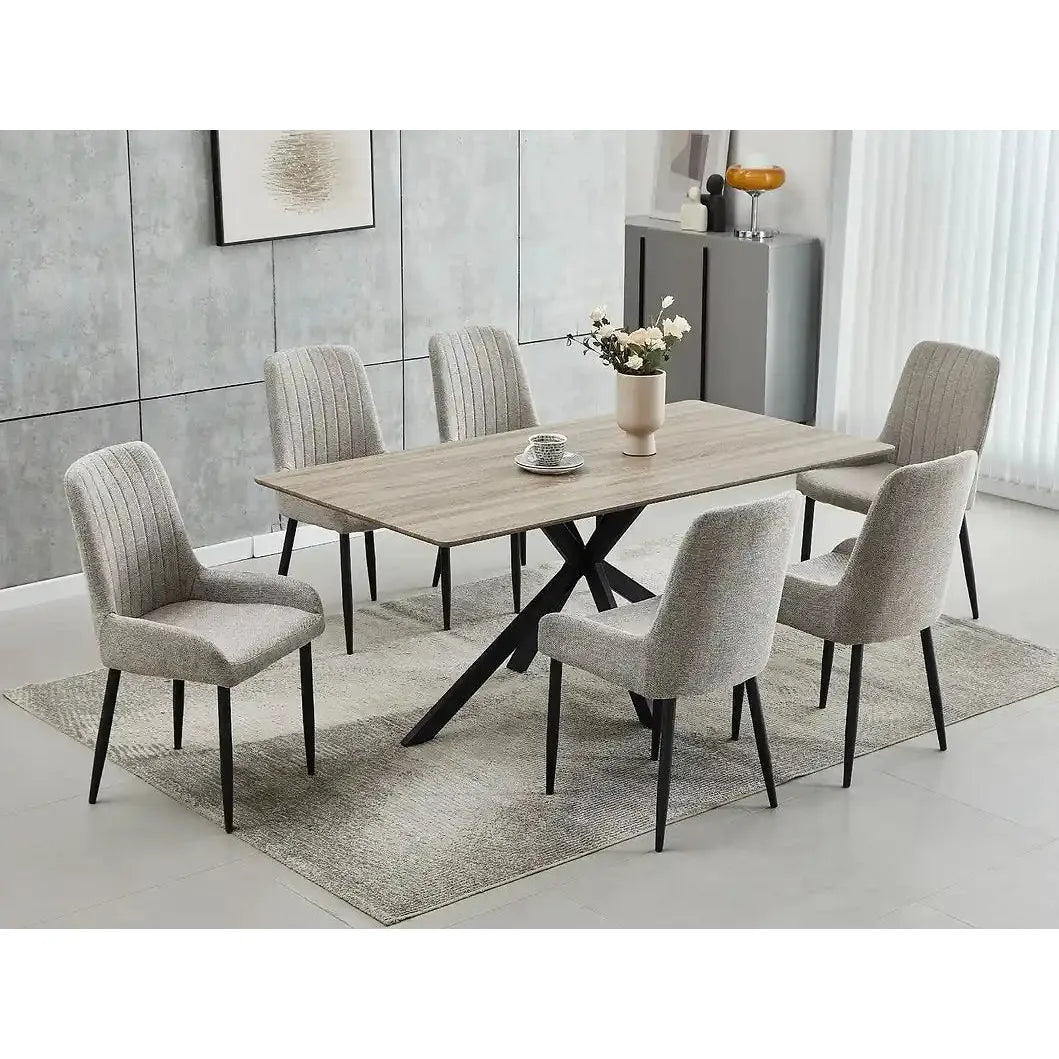 Dining table set with six grey fabric chairs 