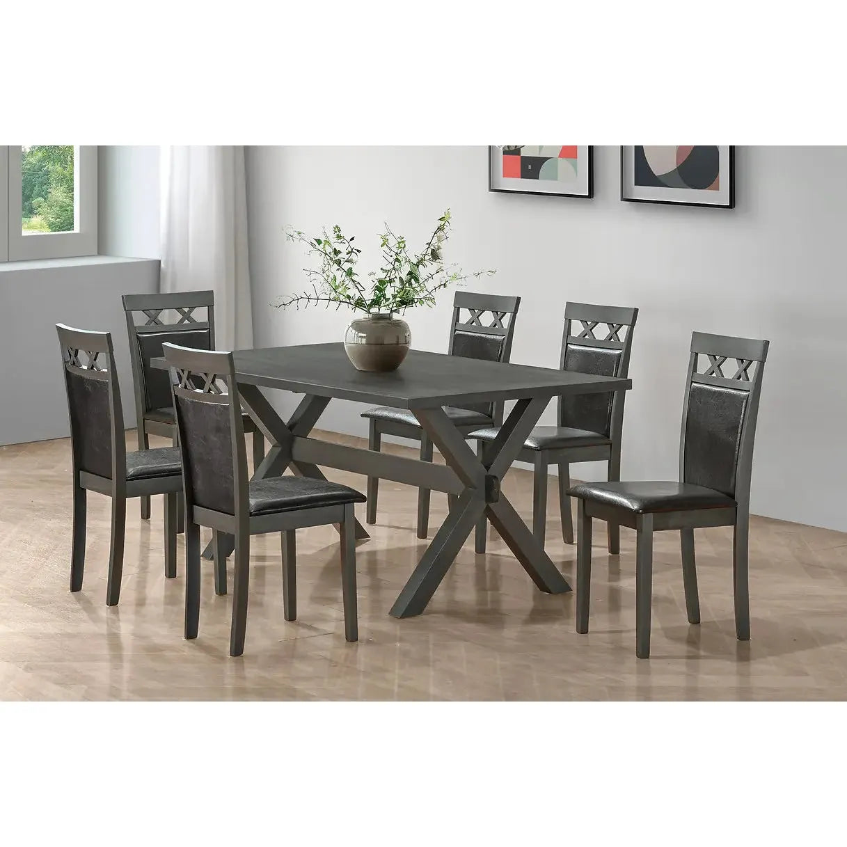 Dining room set with a Grey table and six Black PU chairs 