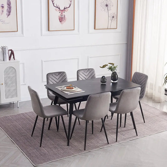 Dining room set with a black table and gray chairs 
