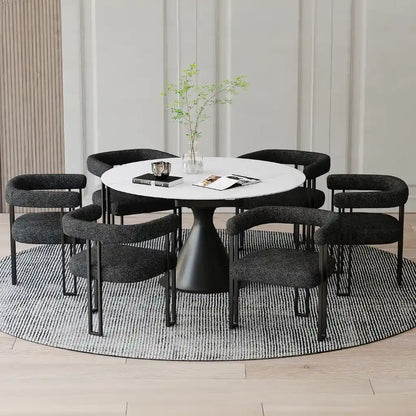 7 Piece Dining Table Set – White Marble Top Table & Charcoal Chairs