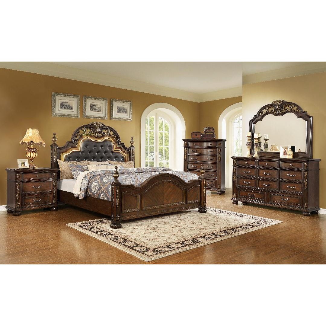 Kelly Anne 8-Piece Bedroom Set with Tufted Leather Headboard and Sleek Victorian Finish