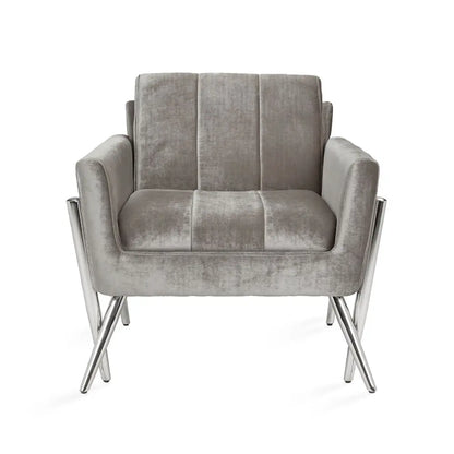 Grey Velvet Accent Chair  with Criss-Cross Steel Legs
