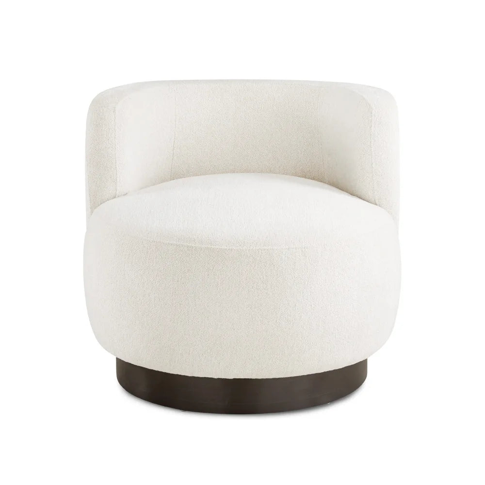 Front View Of Ivory Accent Chair – Boucle Fabric with Swivel Base & Oak Detail