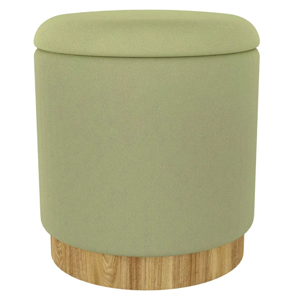 Alya Round Storage Ottoman with Lid – Natural Wood Base, Fabric Top