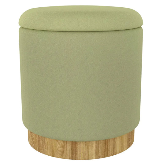 Alya Round Storage Ottoman with Lid – Natural Wood Base, Fabric Top