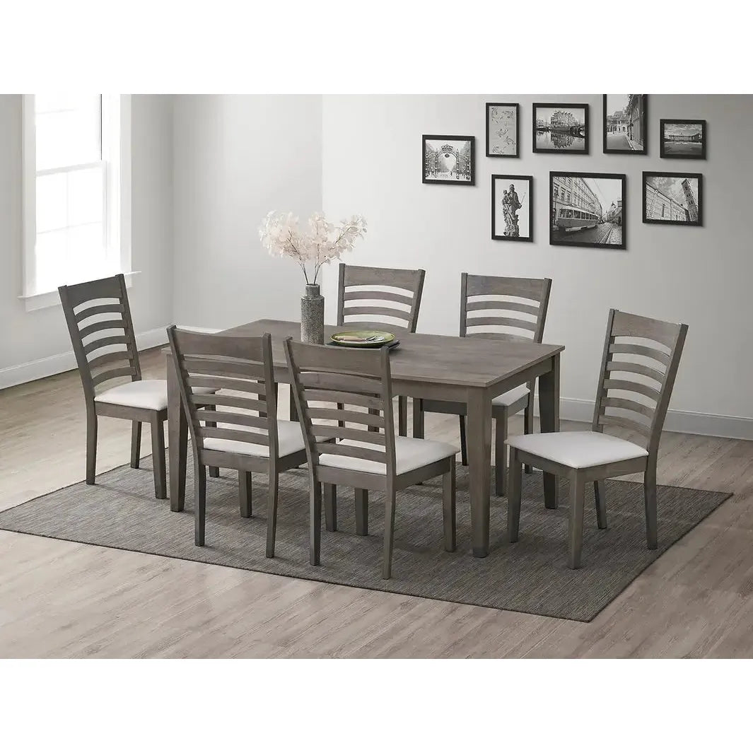 Dining room set with a table and six  fabric cushion chairs 