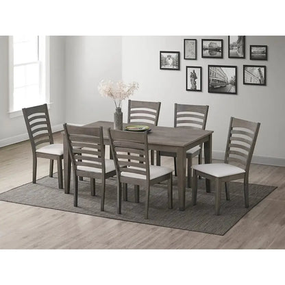 Dining room set with a table and six  fabric cushion chairs 
