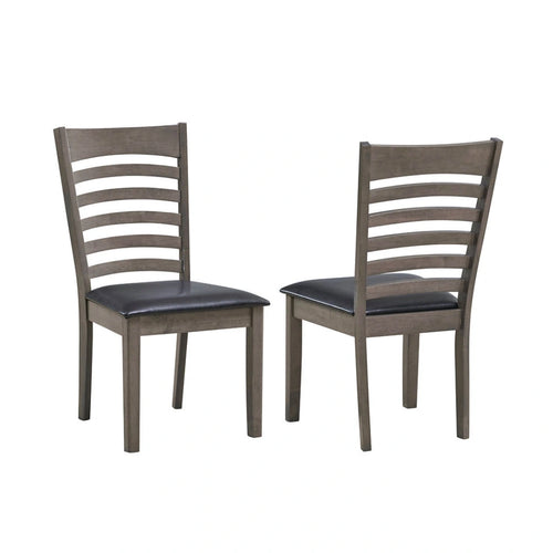 Two wooden chairs with slatted backrests and black PU seats