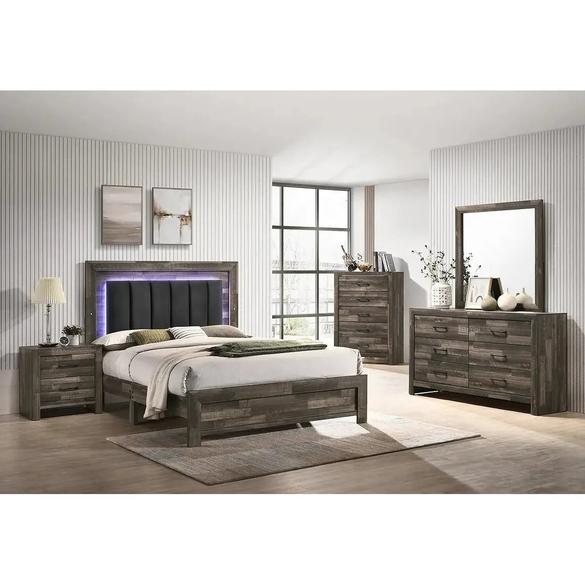 Athens Modern bedroom set with wooden furniture including bed, storage chest, nightstands, and dresser.