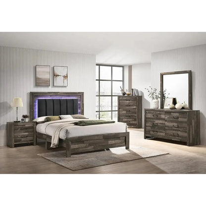Athens Modern bedroom set with wooden furniture including bed, storage chest, nightstands, and dresser.