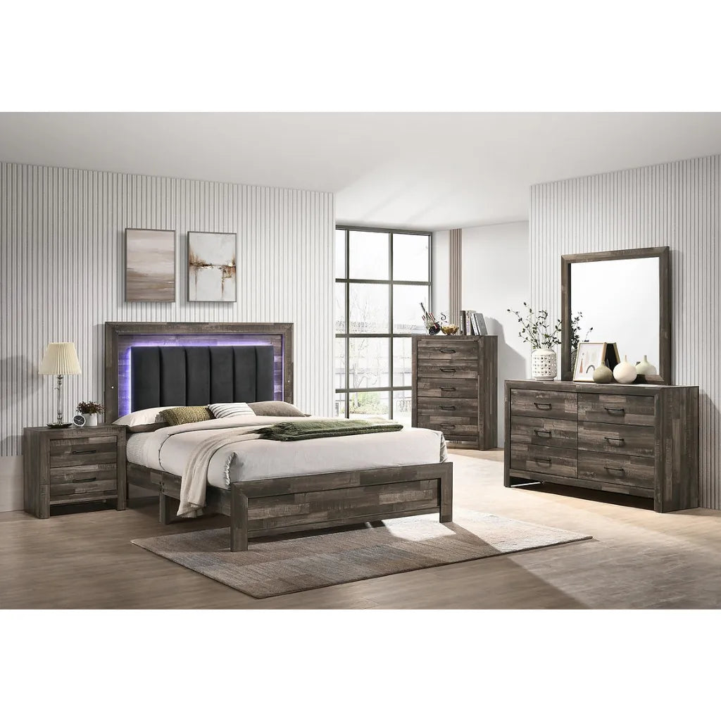 Wooden bedroom furniture set with bed, nightstands, dresser, storage chest and mirror 
