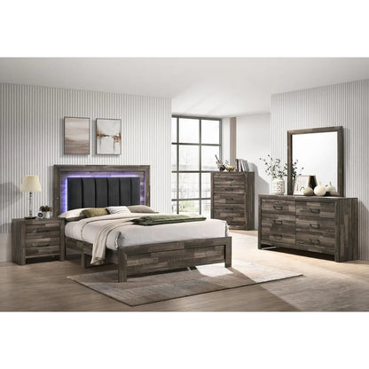 Wooden bedroom furniture set with bed, nightstands, dresser, storage chest and mirror 