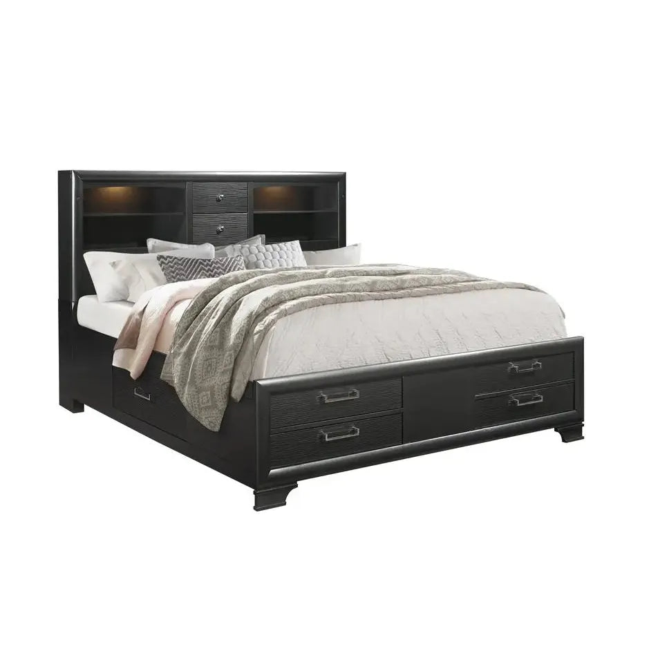 Ava Black wooden bed with storage drawers and built-in bookshelves 
