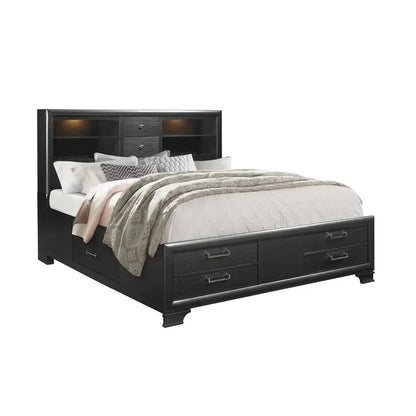 Ava Black wooden bed with storage drawers and built-in bookshelves 